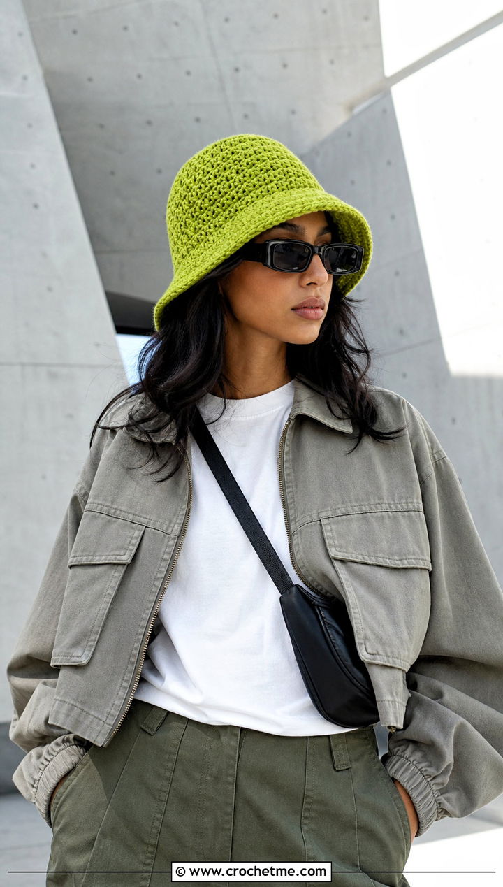 Bucket Crossed Half Double Crochet Hat With Cargo Pants - 15 crossed half double crochet hat outfit ideas