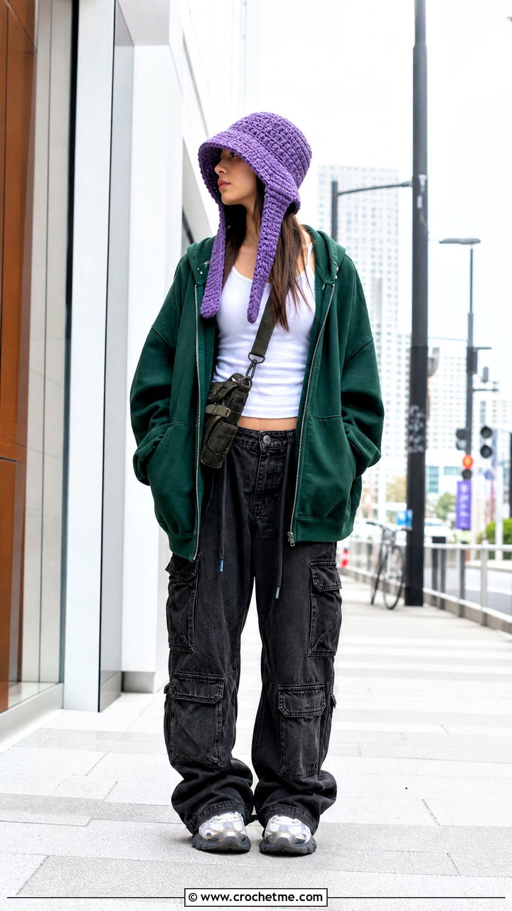 Bucket Crown Crochet Trapper Hat With Cargo Jeans - 35 Crochet Trapper Hat outfit ideas