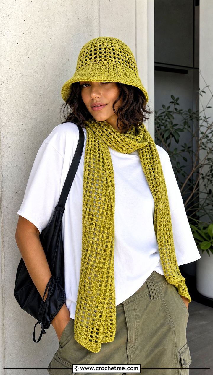 Bucket Hat And Mesh Scarf With Cargo Pants - 30 crochet hat and scarf outfit ideas