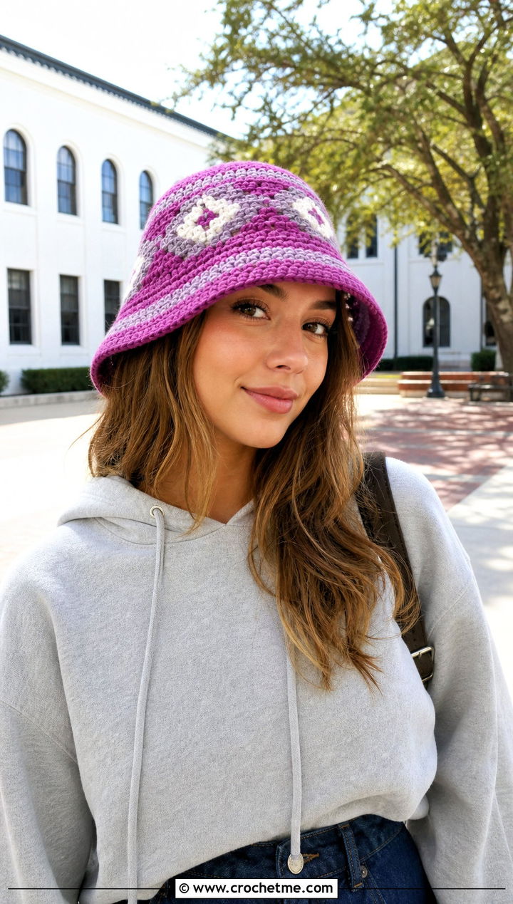 Bucket Shape Fair Isle Crochet Hat With Hoodie And Maxi Skirt - 30 fair isle crochet hat outfit ideas