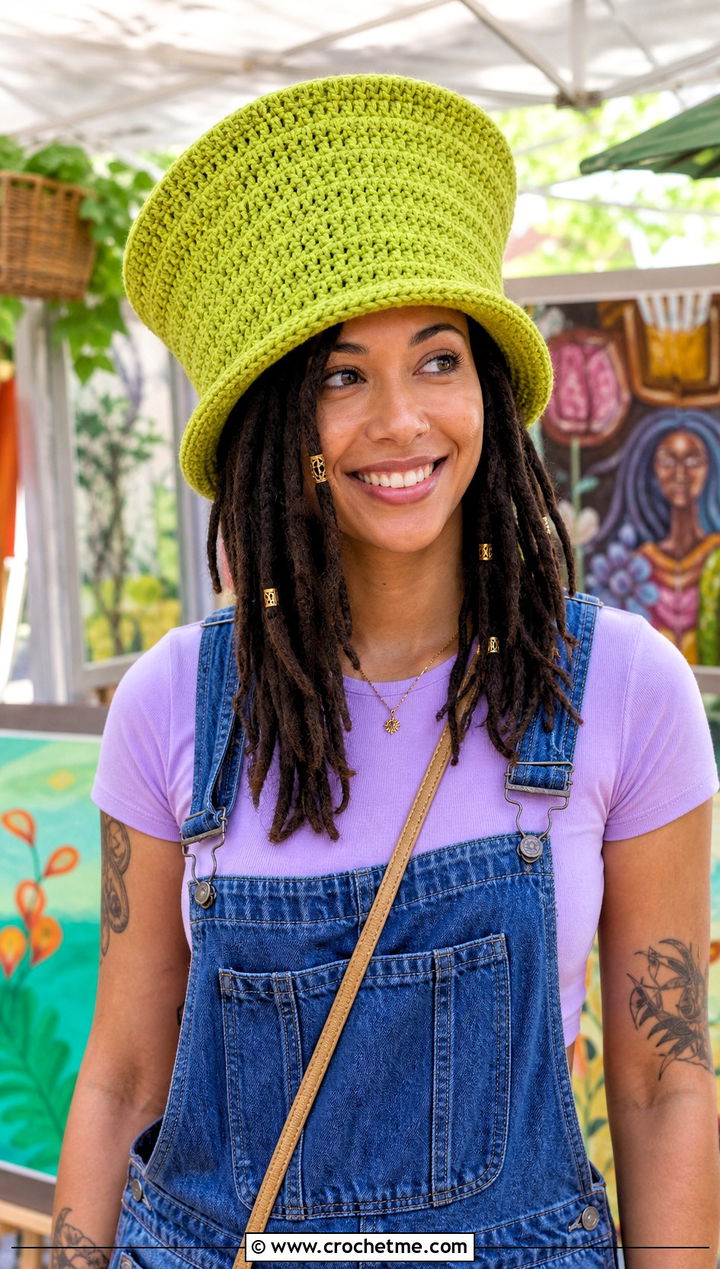 Bucket Shaped Crochet Dreadlock Hat With Overalls And Fitted Tee - 25 Crochet Dreadlock Hat outfit ideas