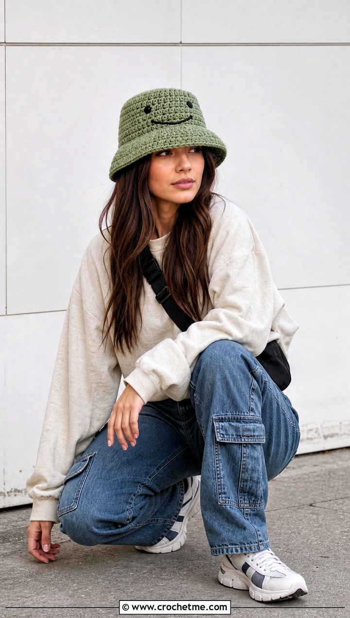 Bucket Style Crochet Sorting Hat With Streetwear - 35 crochet sorting hat outfit ideas