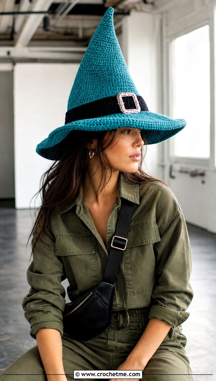 Buckle Band Crochet Elphaba Hat With Utility Jumpsuit - 20 Crochet Elphaba Hat outfit ideas