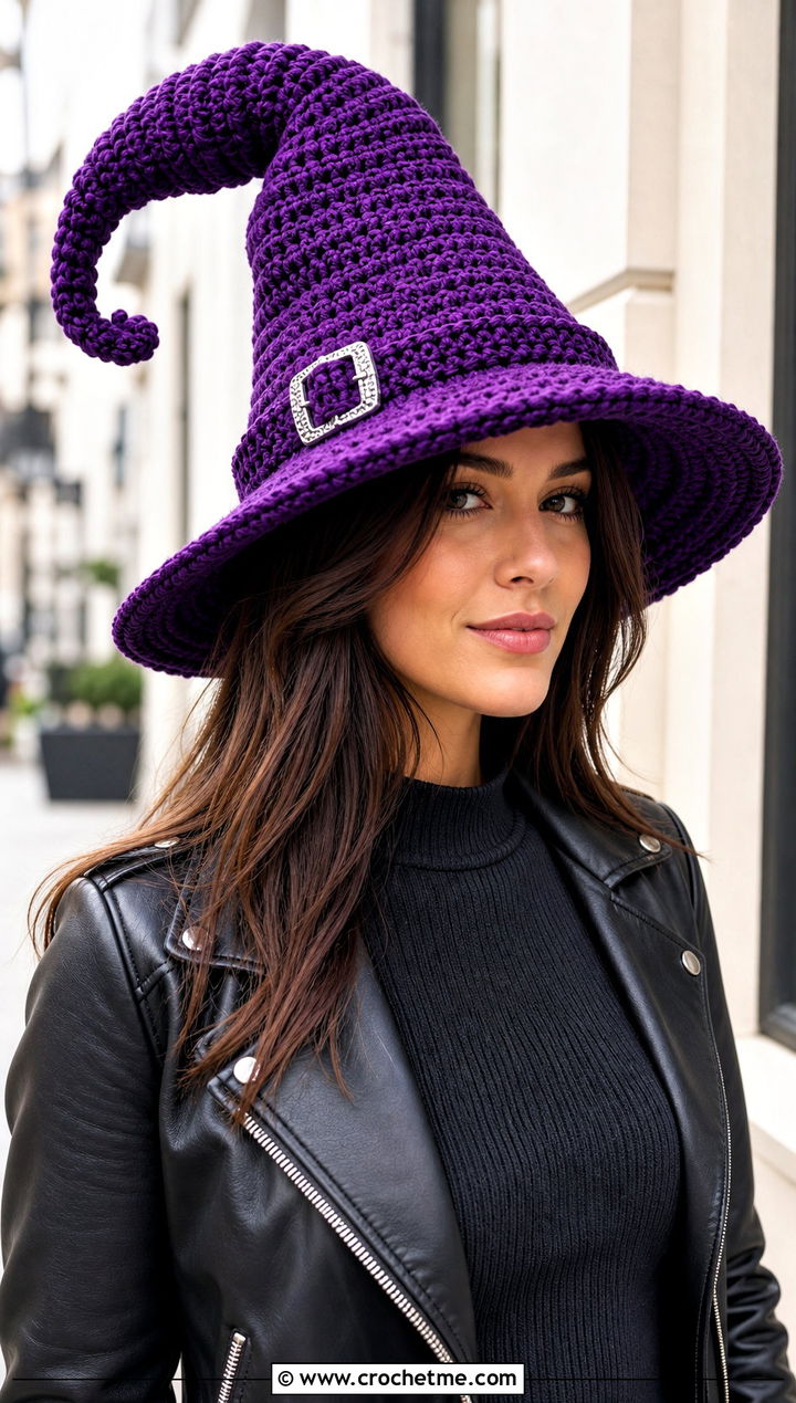 Buckle Band Slouchy Crochet Witch Hat With Moto Outfit - 30 slouchy crochet witch hat outfit ideas