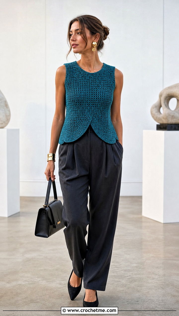 Bud Shape Tulip Top With Tailored Trousers - 30 crochet tulip top outfit ideas