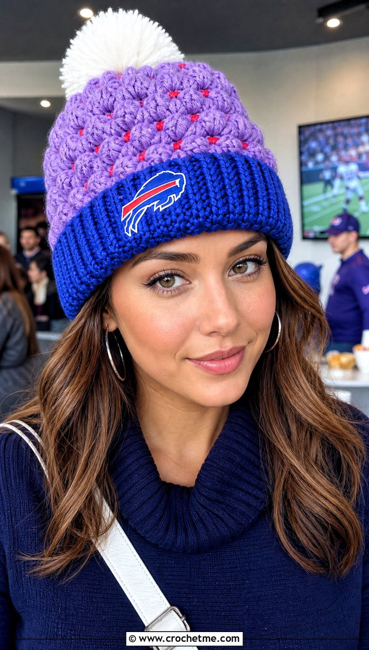 Buffalo Bills Bobble Stitch Beanie With Sweater Dress - 25 Buffalo Bills Crochet Hat outfit ideas
