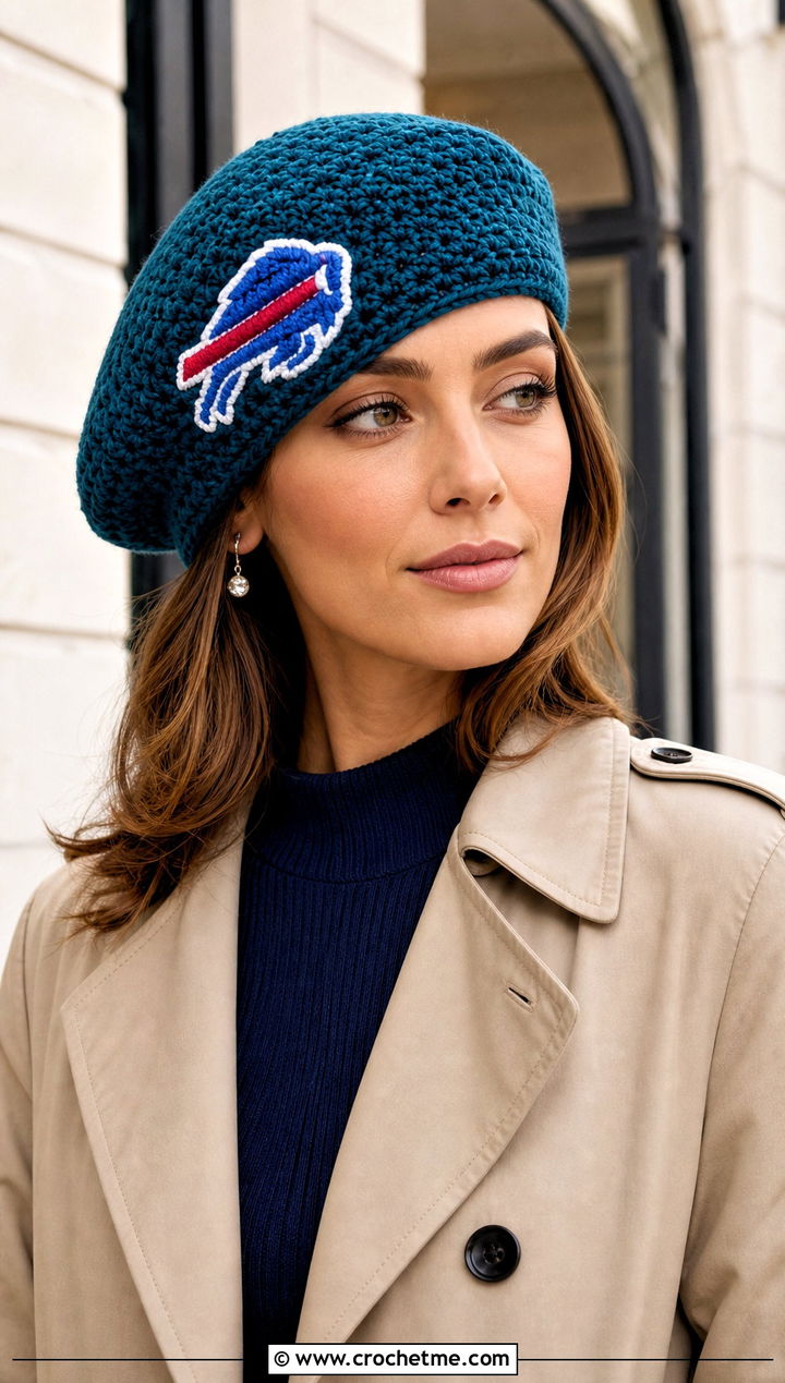 Buffalo Bills Crochet Beret With Trench Coat - 25 Buffalo Bills Crochet Hat outfit ideas