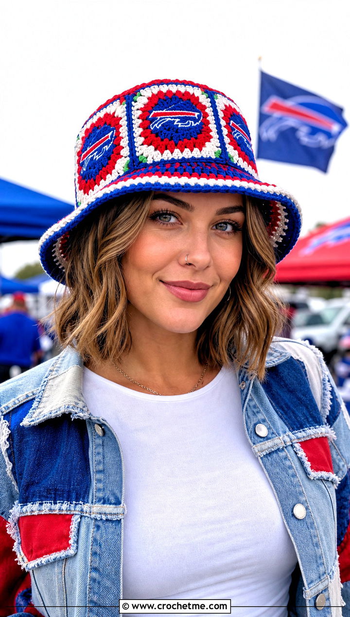 Buffalo Bills Granny Square Hat With Patchwork Denim - 25 Buffalo Bills Crochet Hat outfit ideas