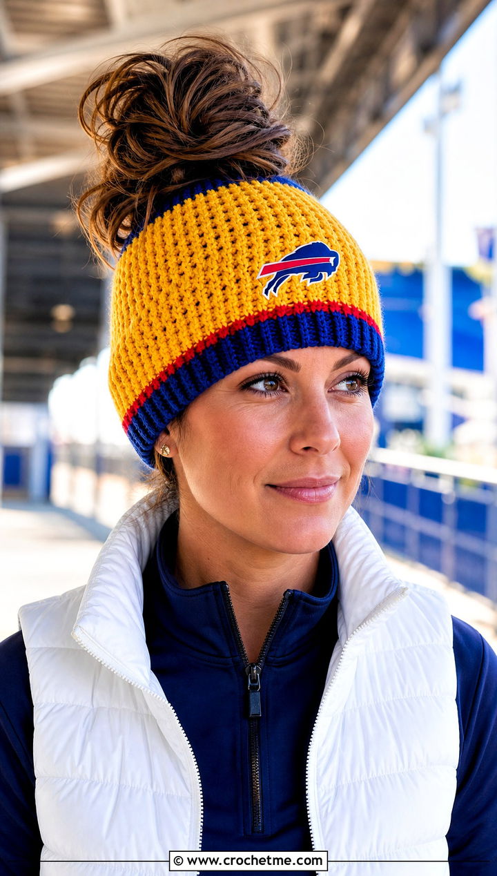 Buffalo Bills Messy Bun Beanie With Leggings - 25 Buffalo Bills Crochet Hat outfit ideas