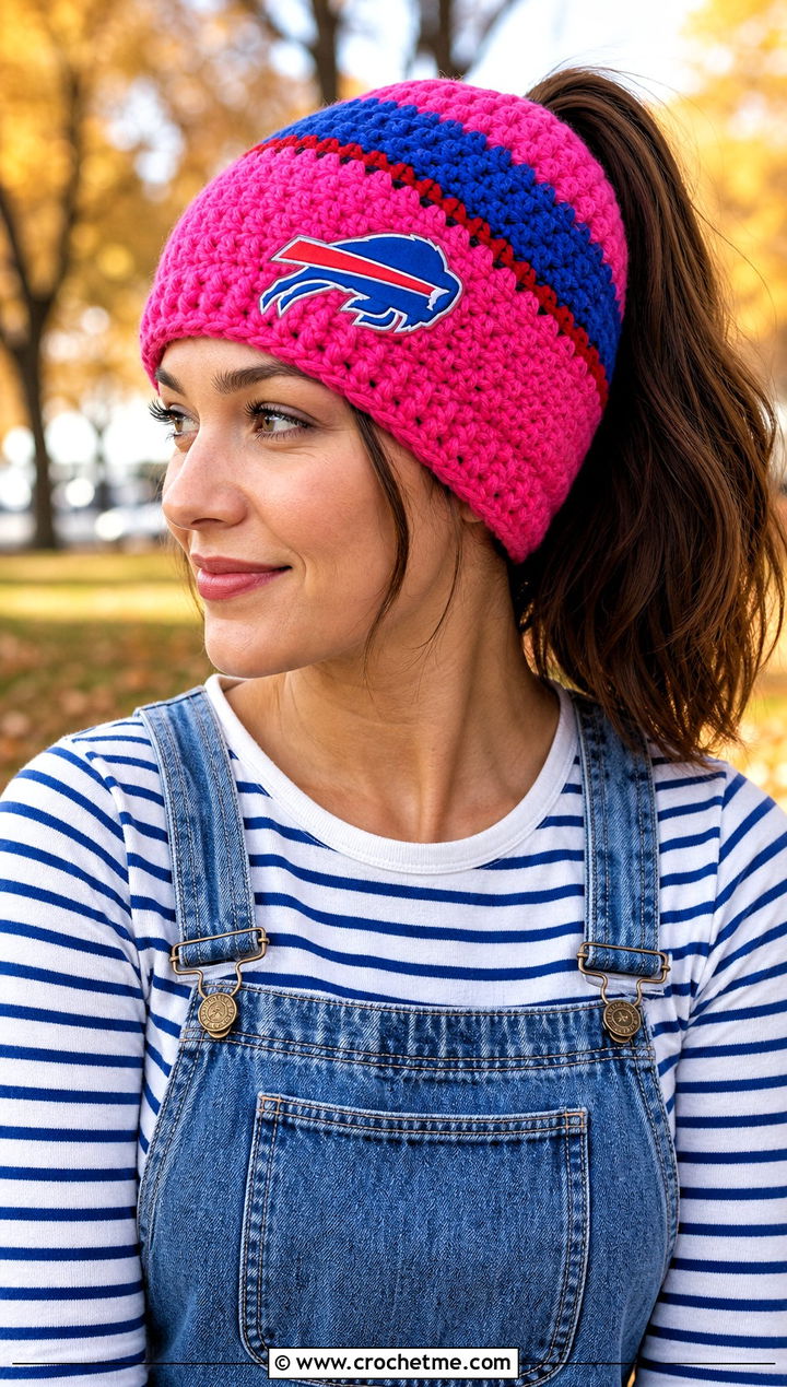Buffalo Bills Ponytail Beanie With Denim Overalls - 25 Buffalo Bills Crochet Hat outfit ideas