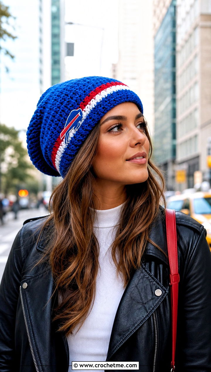 Buffalo Bills Slouchy Beanie With Leather Jacket - 25 Buffalo Bills Crochet Hat outfit ideas