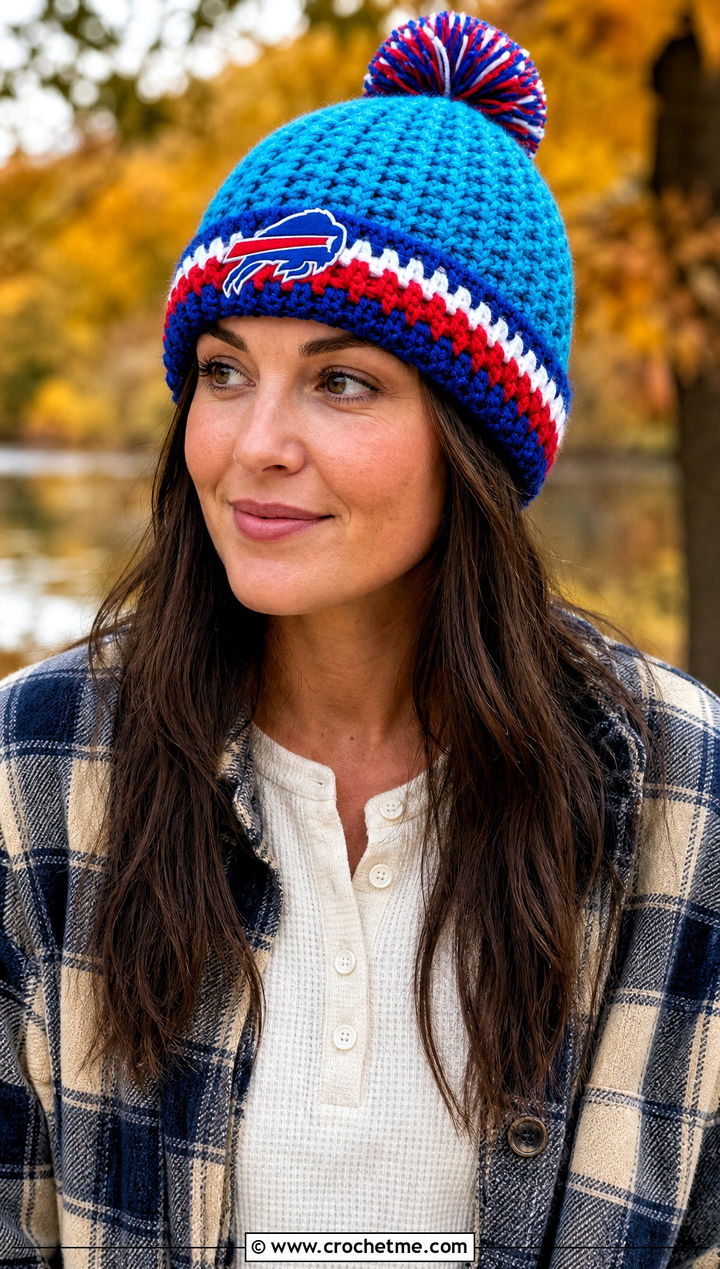 Buffalo Bills Waffle Stitch Beanie With Shacket - 25 Buffalo Bills Crochet Hat outfit ideas