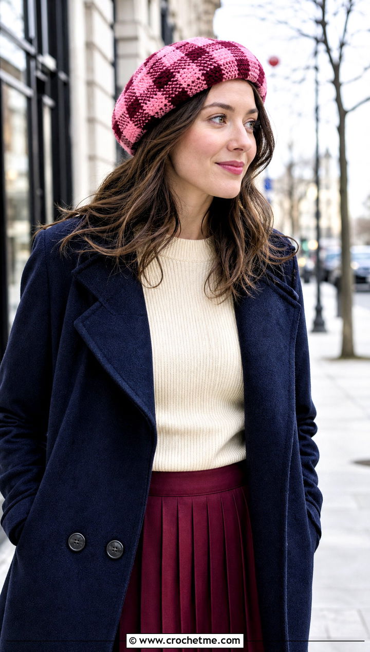 Buffalo Plaid Crochet Beret With Peacoat And Pleated Mini Skirt - 20 Buffalo Plaid Crochet Hat outfit ideas