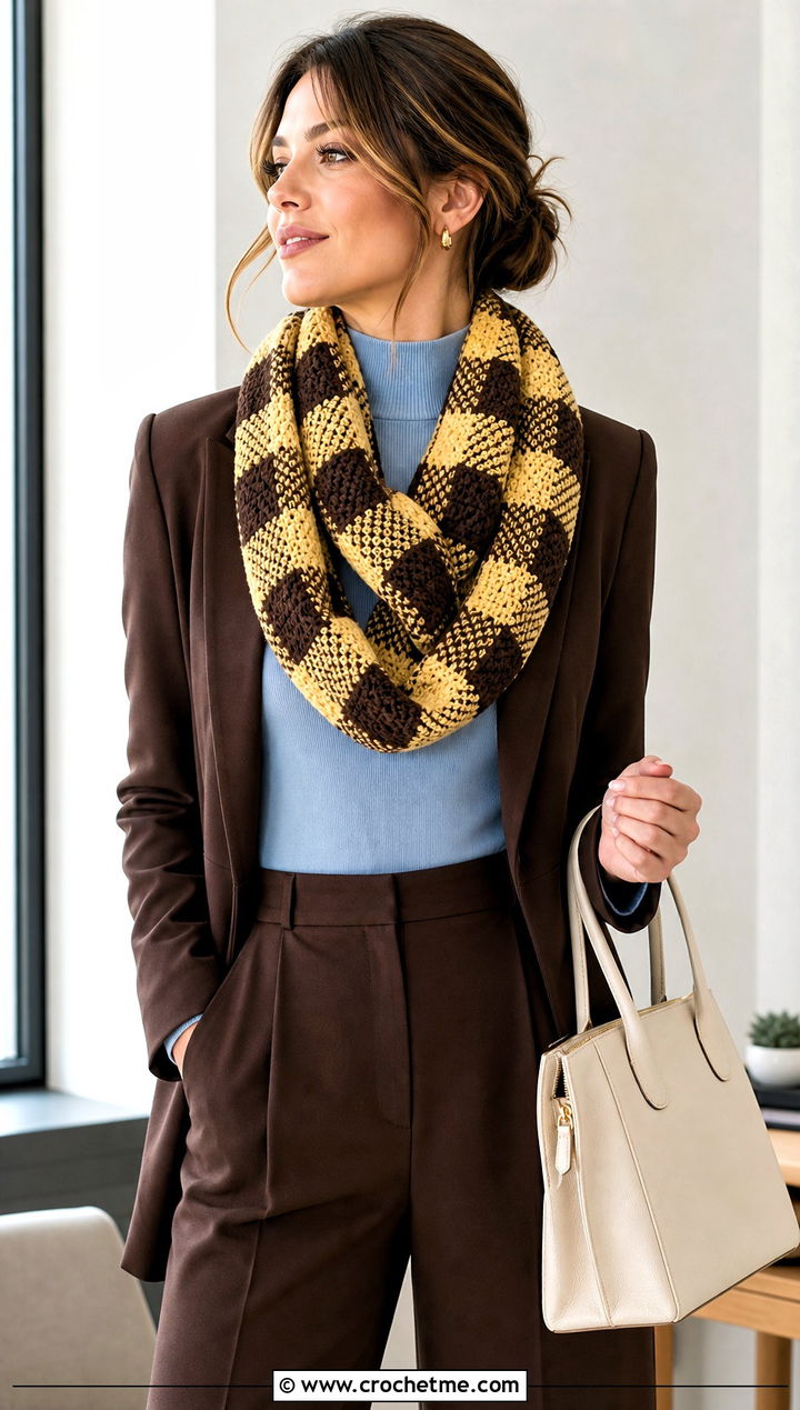 Buffalo Plaid Crochet Infinity Scarf With Tailored Trousers - 15 buffalo plaid crochet scarf outfit ideas