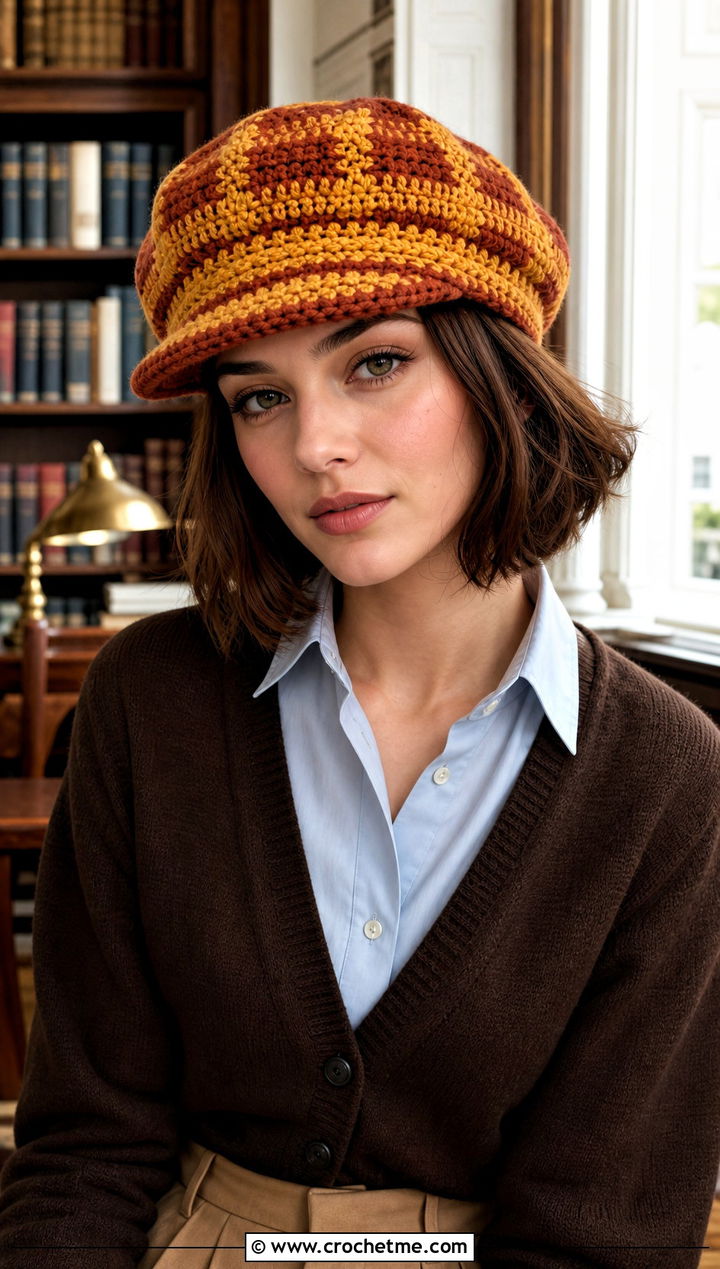 Buffalo Plaid Crochet Newsboy Cap With Cardigan And Pleated Trousers - 20 Buffalo Plaid Crochet Hat outfit ideas