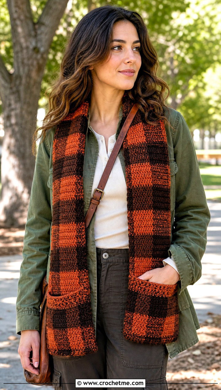 Buffalo Plaid Crochet Pocket Scarf With Utility Jacket - 15 buffalo plaid crochet scarf outfit ideas