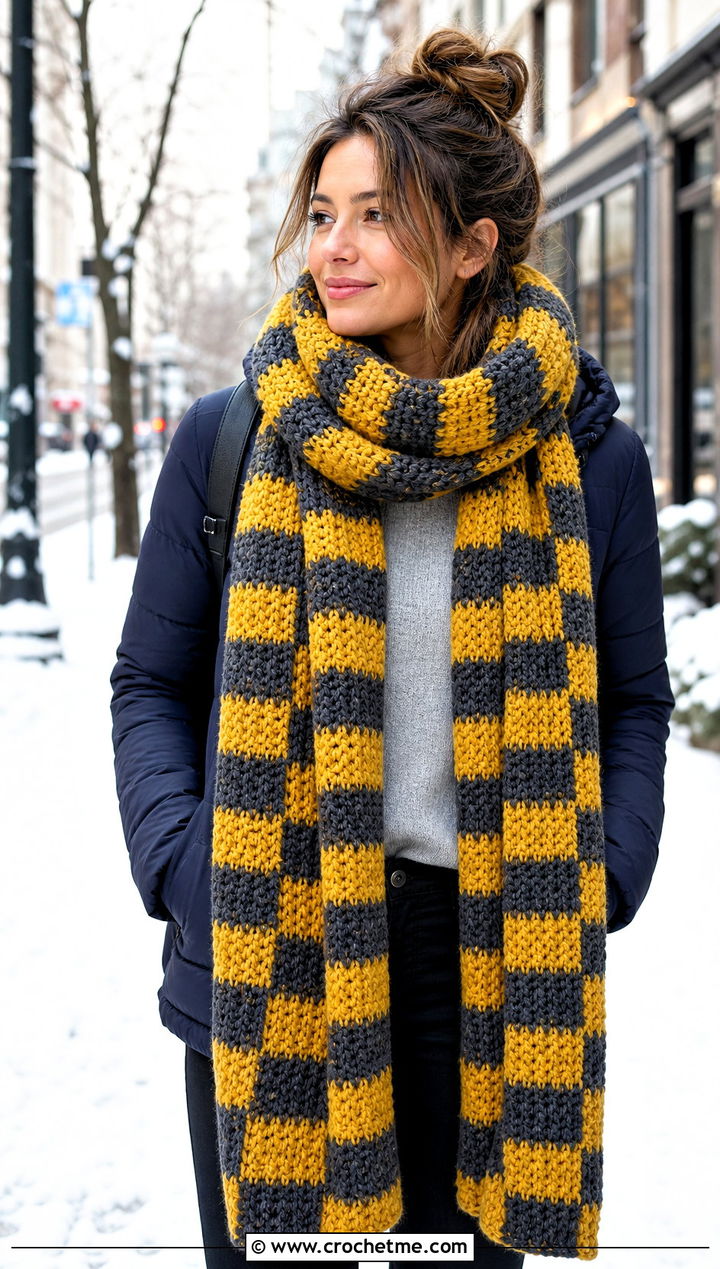Buffalo Plaid Crochet Super Scarf With Puffer Jacket - 15 buffalo plaid crochet scarf outfit ideas