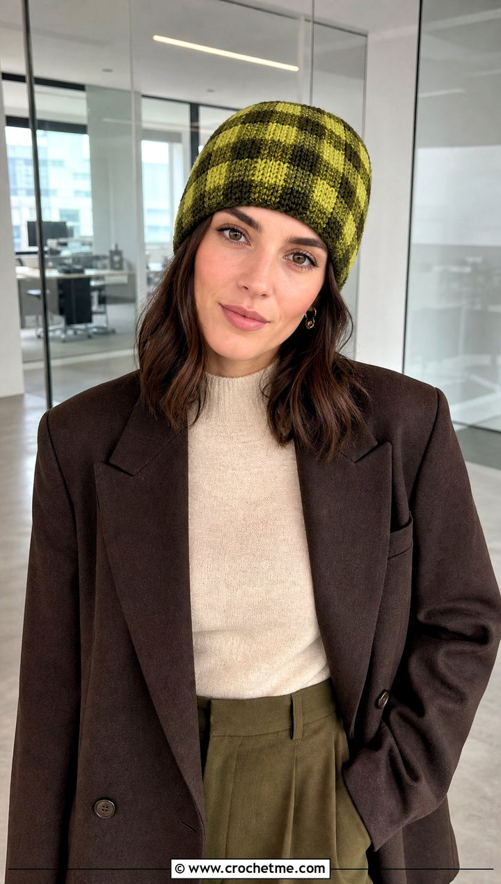 Buffalo Plaid Crochet Toque With Blazer And Wide Leg Pants - 20 Buffalo Plaid Crochet Hat outfit ideas