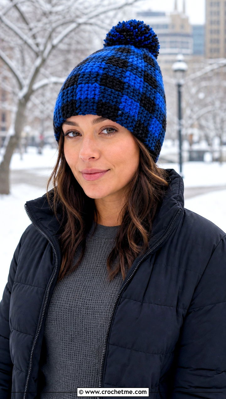 Buffalo Plaid Pom Pom Beanie With Puffer Jacket - 15 Plaid Crochet Beanie outfit ideas
