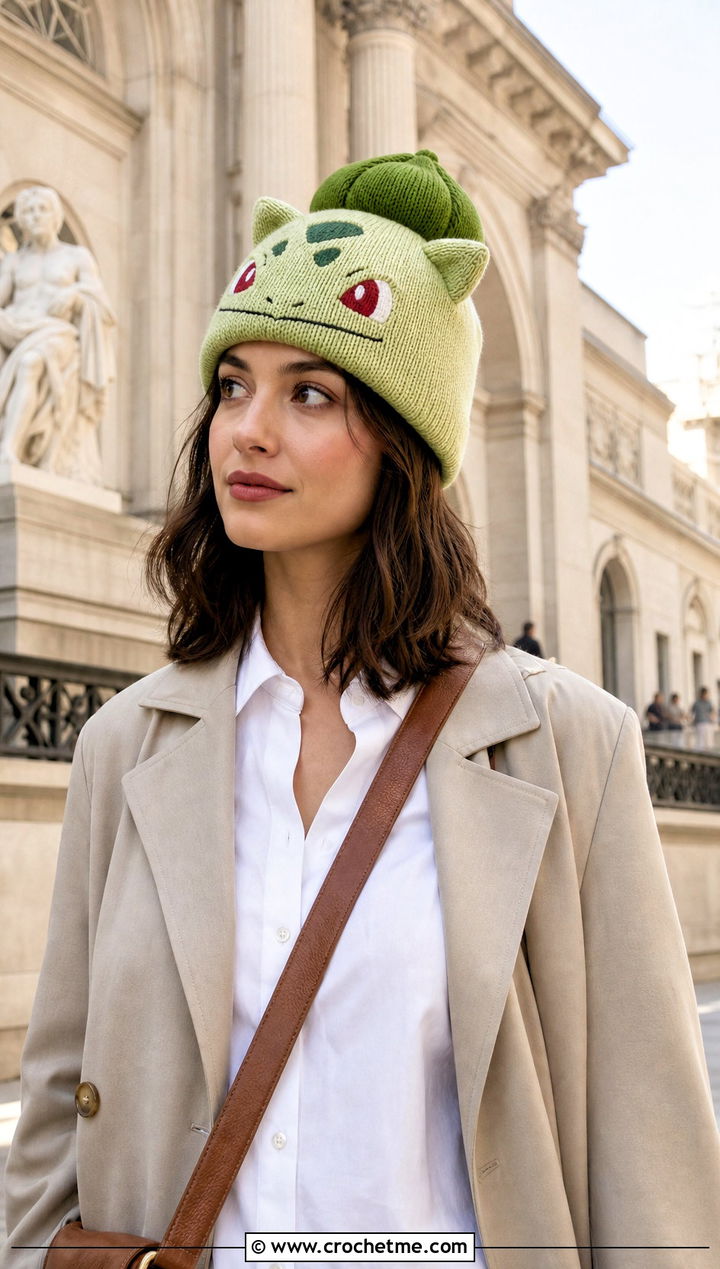 Bulbasaur Sprout Beanie With Trench Coat - 30 crochet pokemon beanie outfit ideas