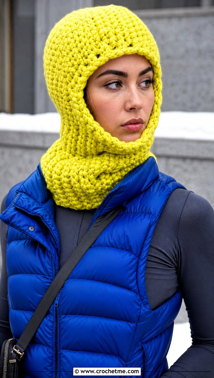 Bulky Yarn Crochet Balaclava Hat With Puffer Vest - 30 bulky 5 yarn crochet hat outfit ideas