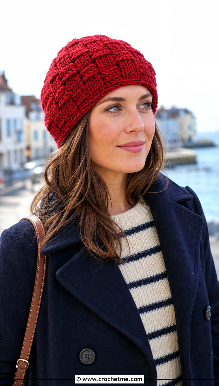 Bulky Yarn Crochet Basketweave Beanie With Peacoat - 30 bulky 5 yarn crochet hat outfit ideas