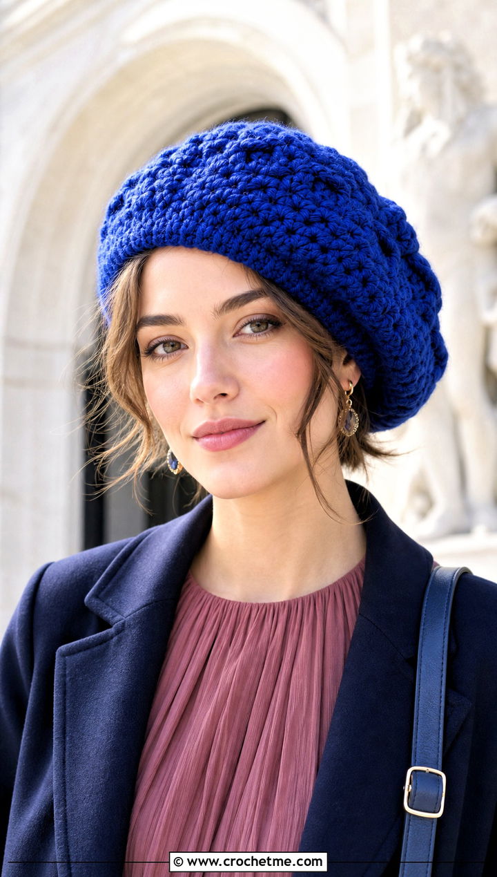 Bulky Yarn Crochet Beret With Pleated Dress - 30 bulky 5 yarn crochet hat outfit ideas