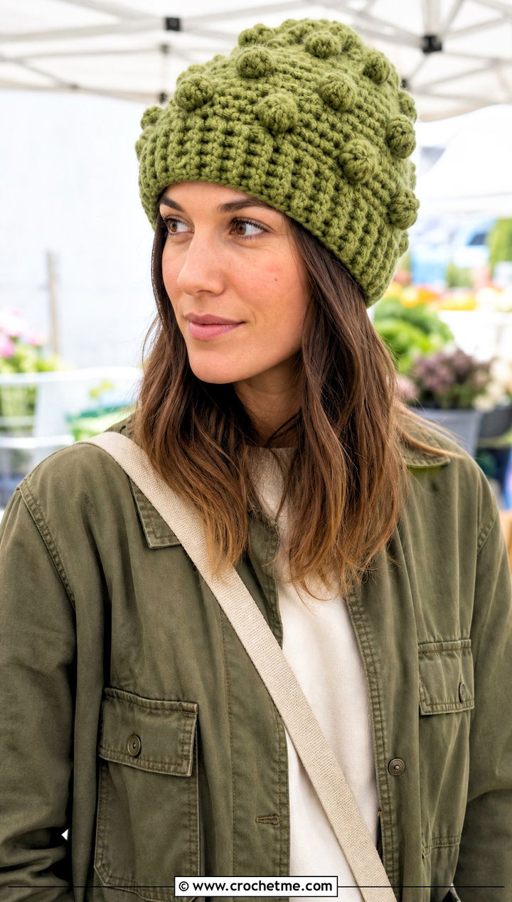 Bulky Yarn Crochet Bobble Beanie With Utility Jacket - 30 bulky 5 yarn crochet hat outfit ideas