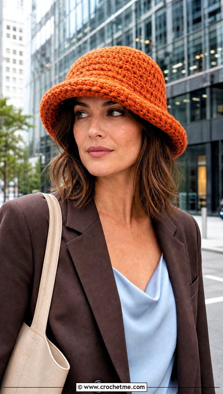 Bulky Yarn Crochet Brimmed Hat With Tailored Suit - 30 bulky 5 yarn crochet hat outfit ideas