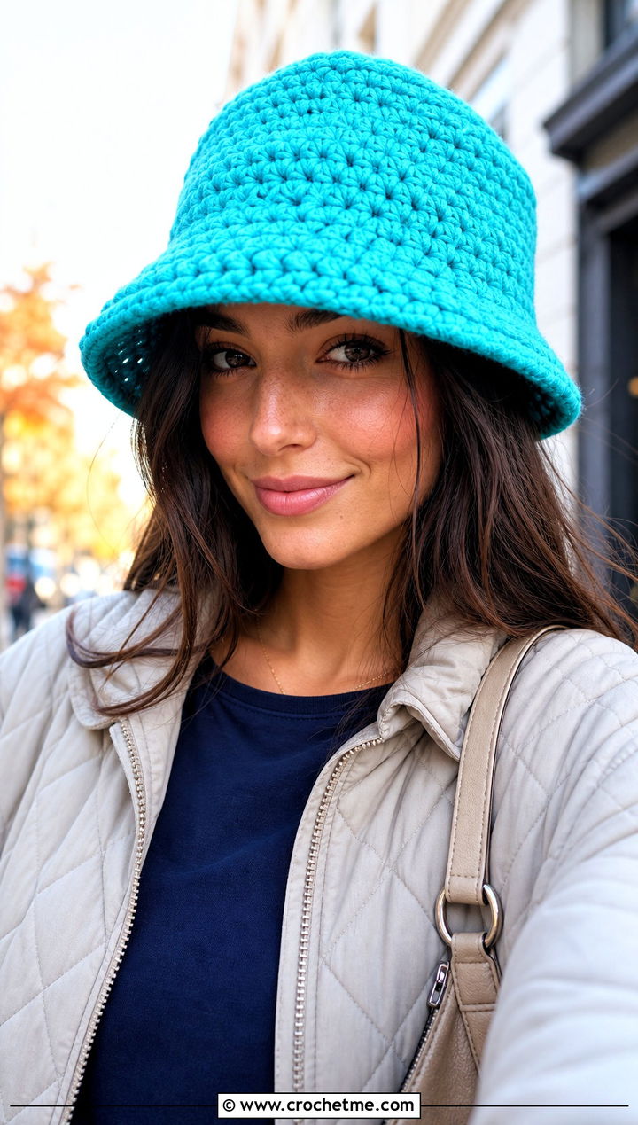Bulky Yarn Crochet Bucket Hat With Quilted Jacket - 30 bulky 5 yarn crochet hat outfit ideas