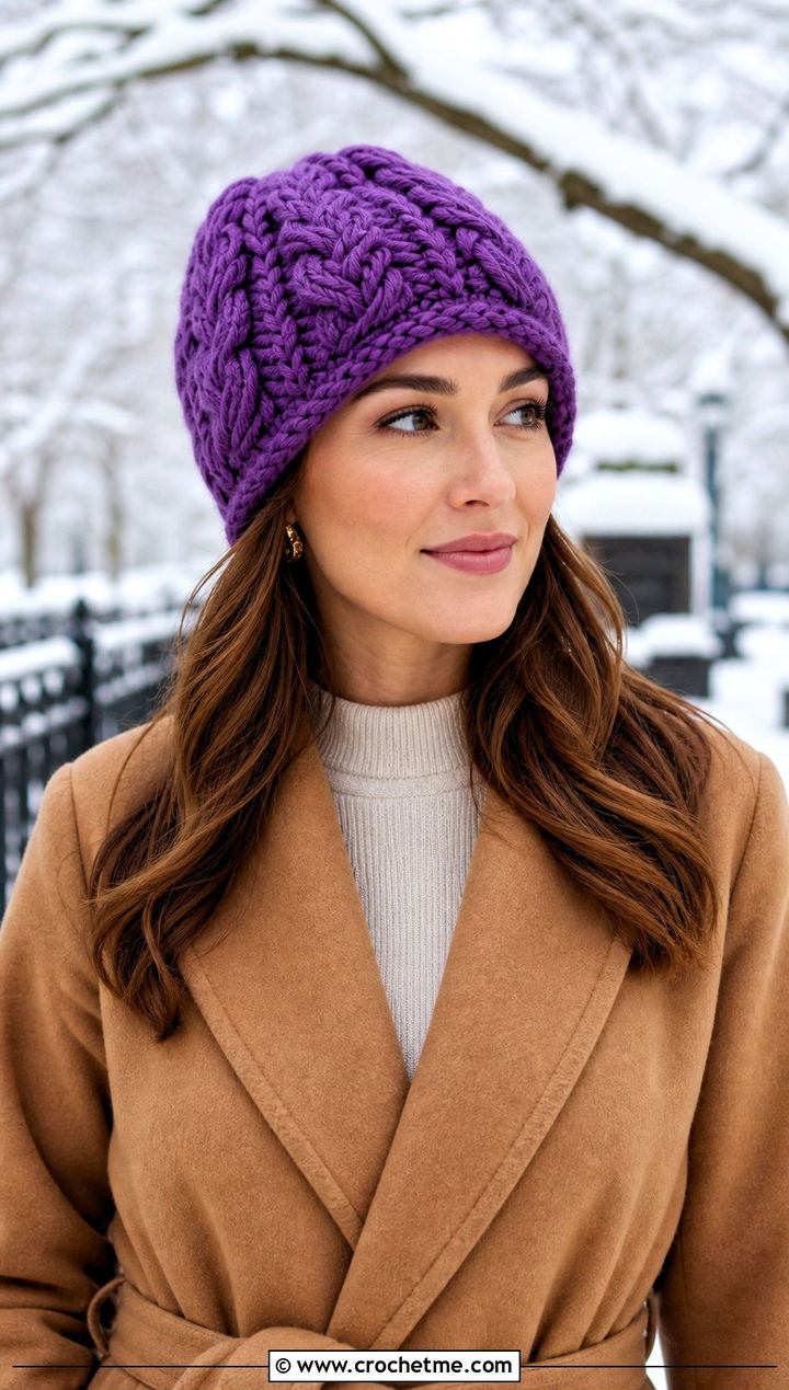 Bulky Yarn Crochet Cable Beanie With Sweater Dress - 30 bulky 5 yarn crochet hat outfit ideas