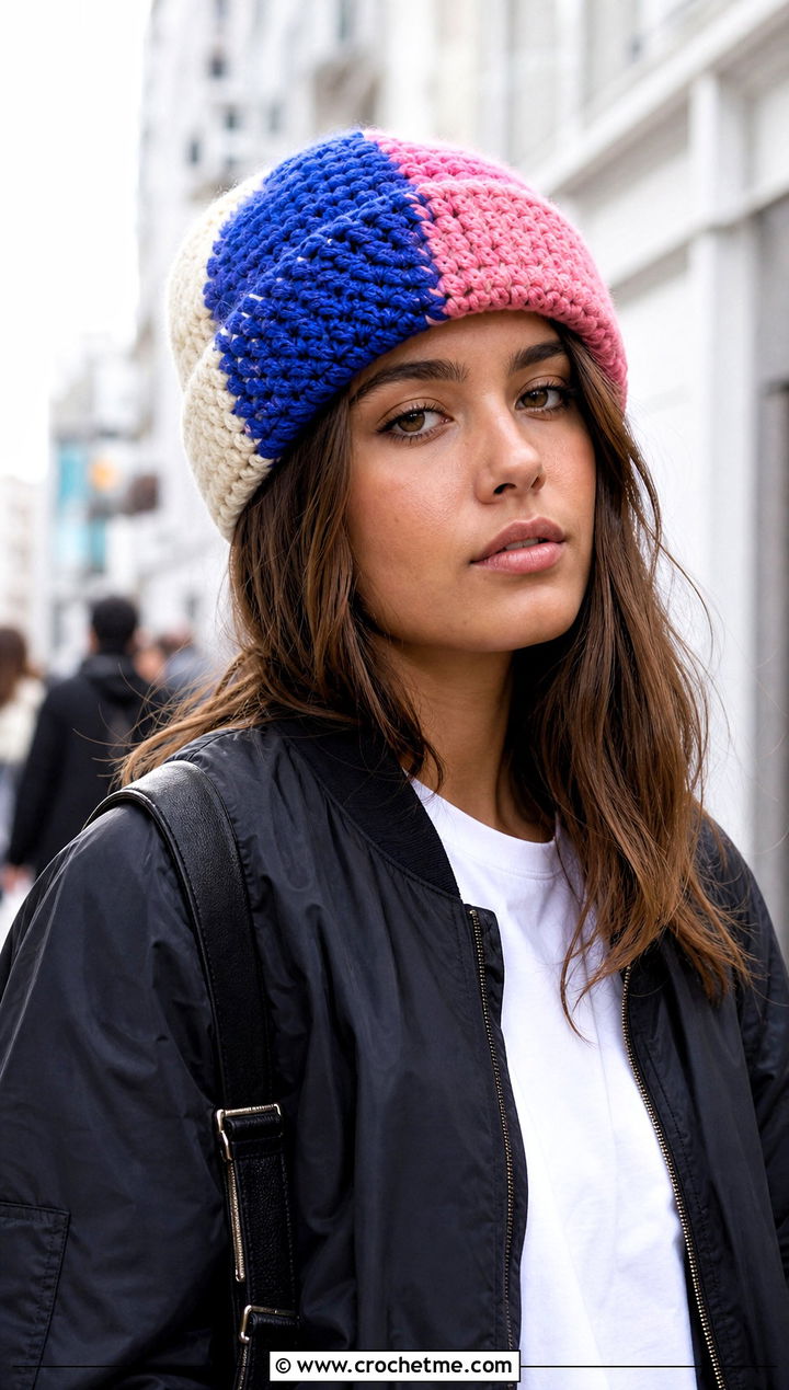 Bulky Yarn Crochet Color Block Beanie With Bomber Jacket - 30 bulky 5 yarn crochet hat outfit ideas