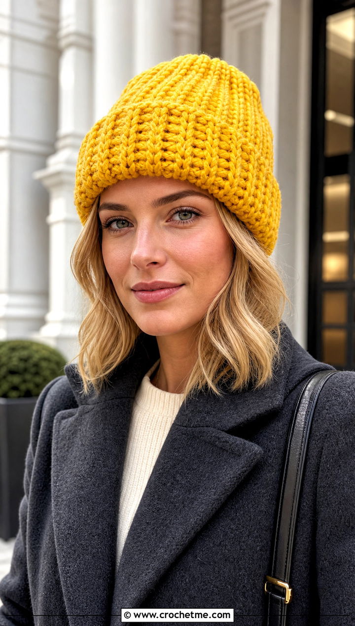 Bulky Yarn Crochet Cuffed Beanie With Wool Coat - 30 bulky 5 yarn crochet hat outfit ideas