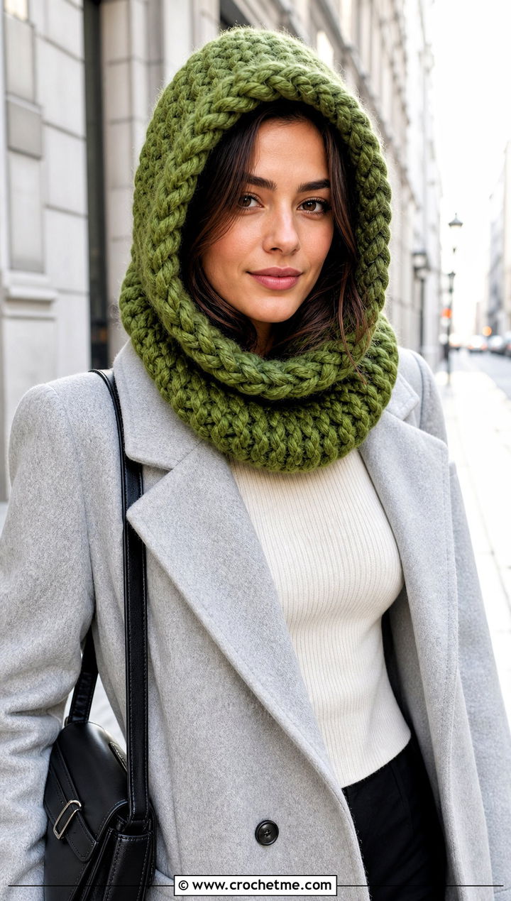 Bulky Yarn Crochet Hood Hat With Long Coat - 30 bulky 5 yarn crochet hat outfit ideas