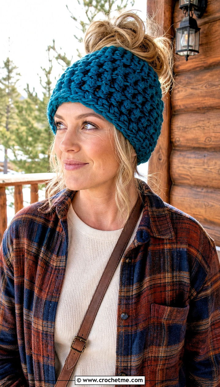 Bulky Yarn Crochet Messy Bun Beanie With Flannel Shirt - 30 bulky 5 yarn crochet hat outfit ideas