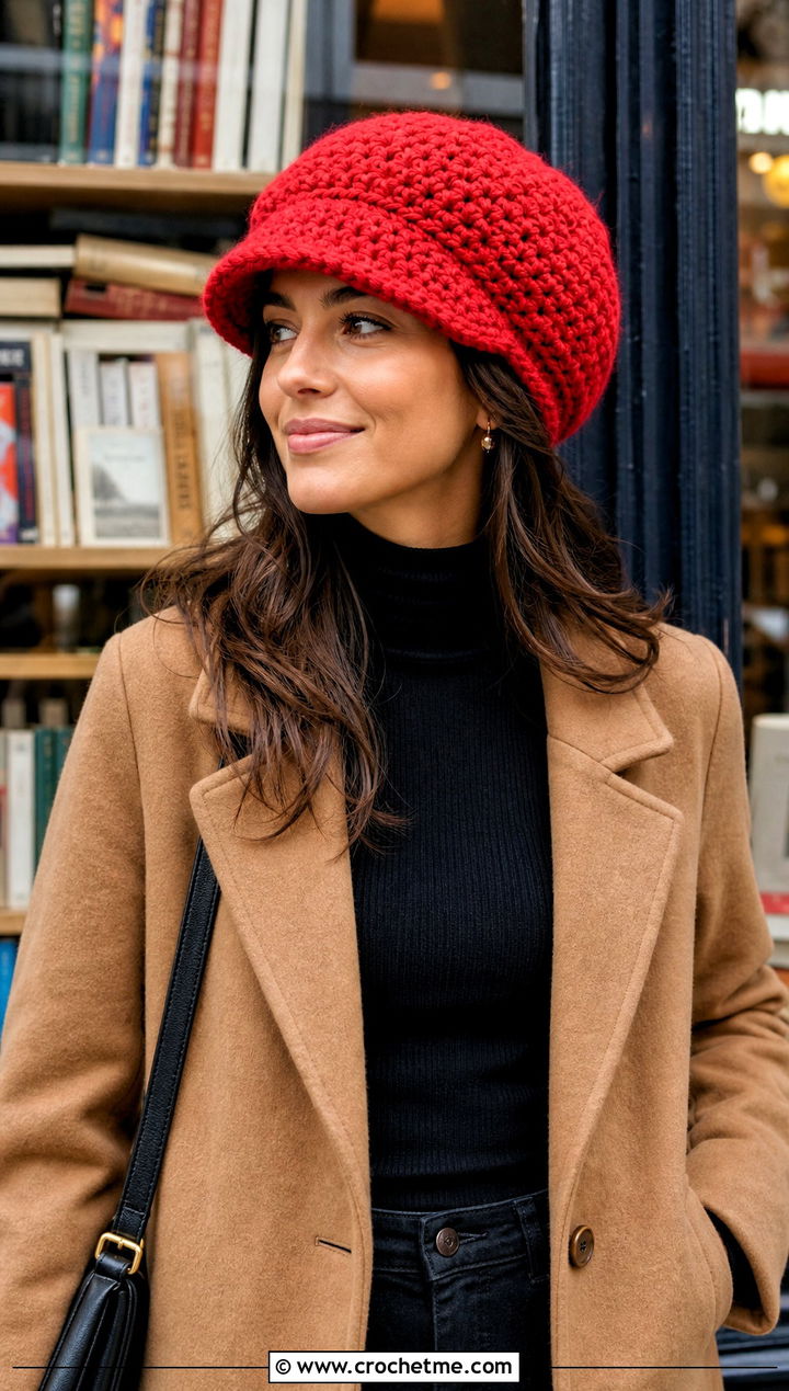 Bulky Yarn Crochet Newsboy Hat With Wide Leg Trousers - 30 bulky 5 yarn crochet hat outfit ideas