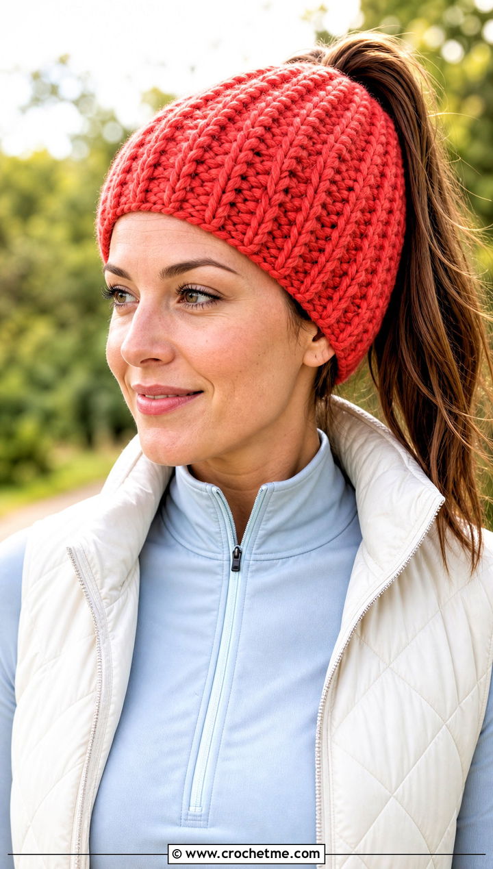 Bulky Yarn Crochet Ponytail Beanie With Activewear - 30 bulky 5 yarn crochet hat outfit ideas