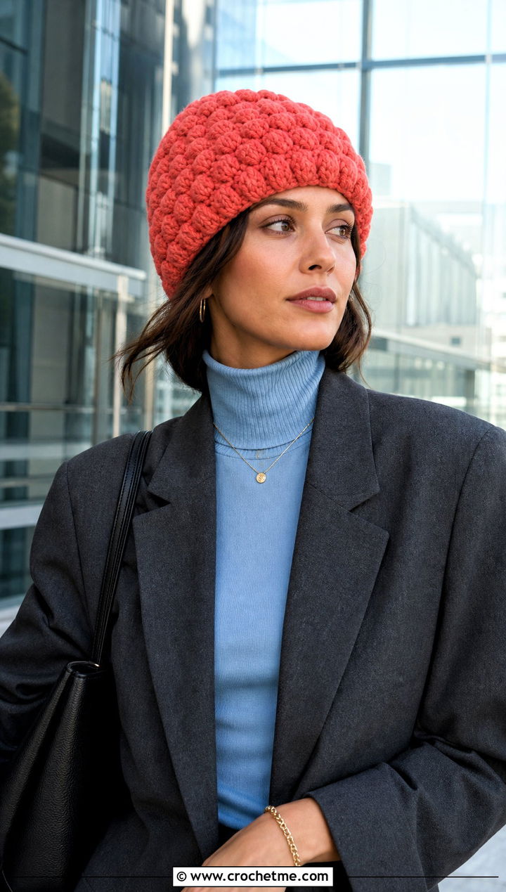 Bulky Yarn Crochet Puff Stitch Beanie With Blazer - 30 bulky 5 yarn crochet hat outfit ideas
