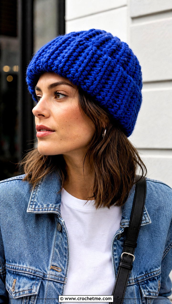 Bulky Yarn Crochet Ribbed Beanie With Denim Jacket - 30 bulky 5 yarn crochet hat outfit ideas
