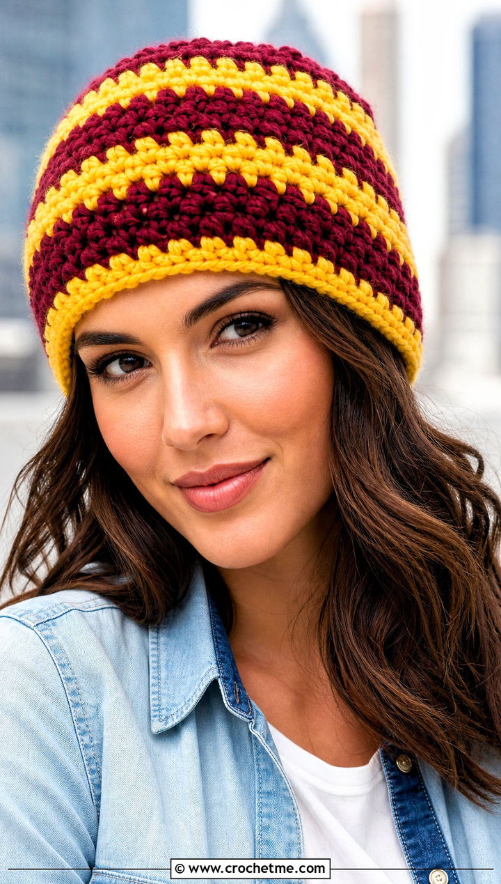 Bulky Yarn Crochet Striped Beanie With Double Denim - 30 bulky 5 yarn crochet hat outfit ideas