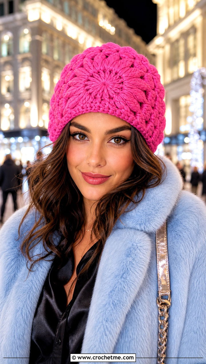 Bulky Yarn Crochet Sunburst Beanie With Faux Fur Coat - 30 bulky 5 yarn crochet hat outfit ideas