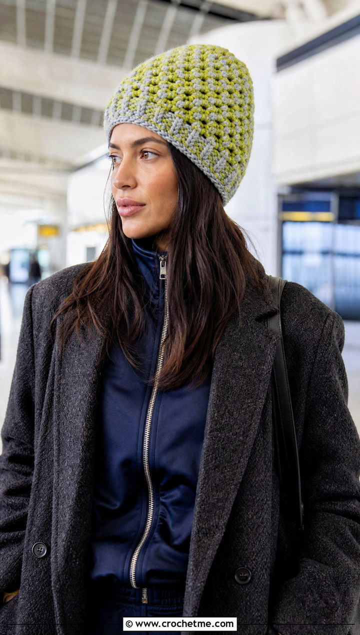 Bulky Yarn Crochet Two Tone Beanie With Tracksuit - 30 bulky 5 yarn crochet hat outfit ideas