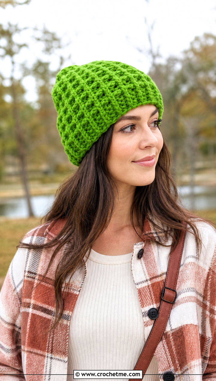 Bulky Yarn Crochet Waffle Stitch Beanie With Shacket - 30 bulky 5 yarn crochet hat outfit ideas