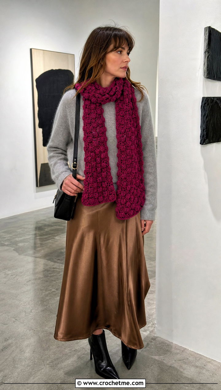 Bulky Bobble Crochet Scarf With Satin Skirt And Sweater - 15 Thick Crochet Scarf outfit ideas