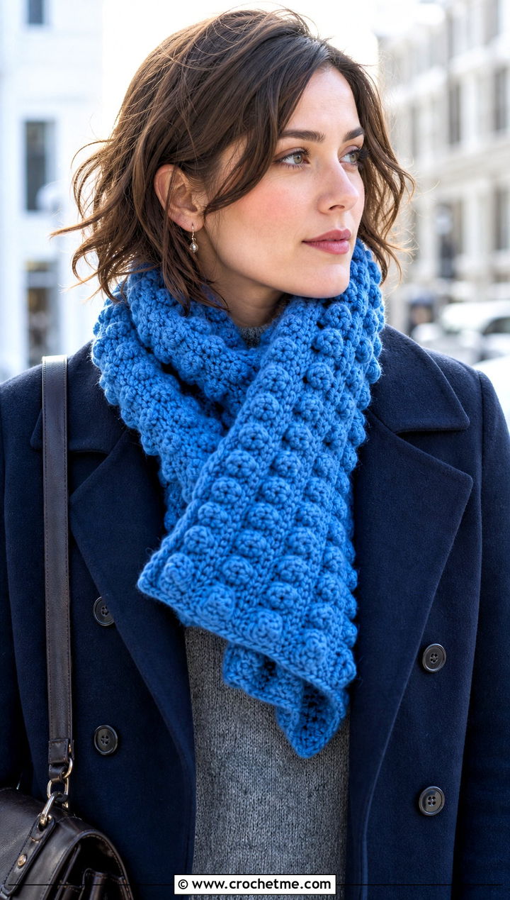 Bulky Bobble Stitch Crochet Scarf With Peacoat - 30 bulky yarn crochet scarf outfit ideas