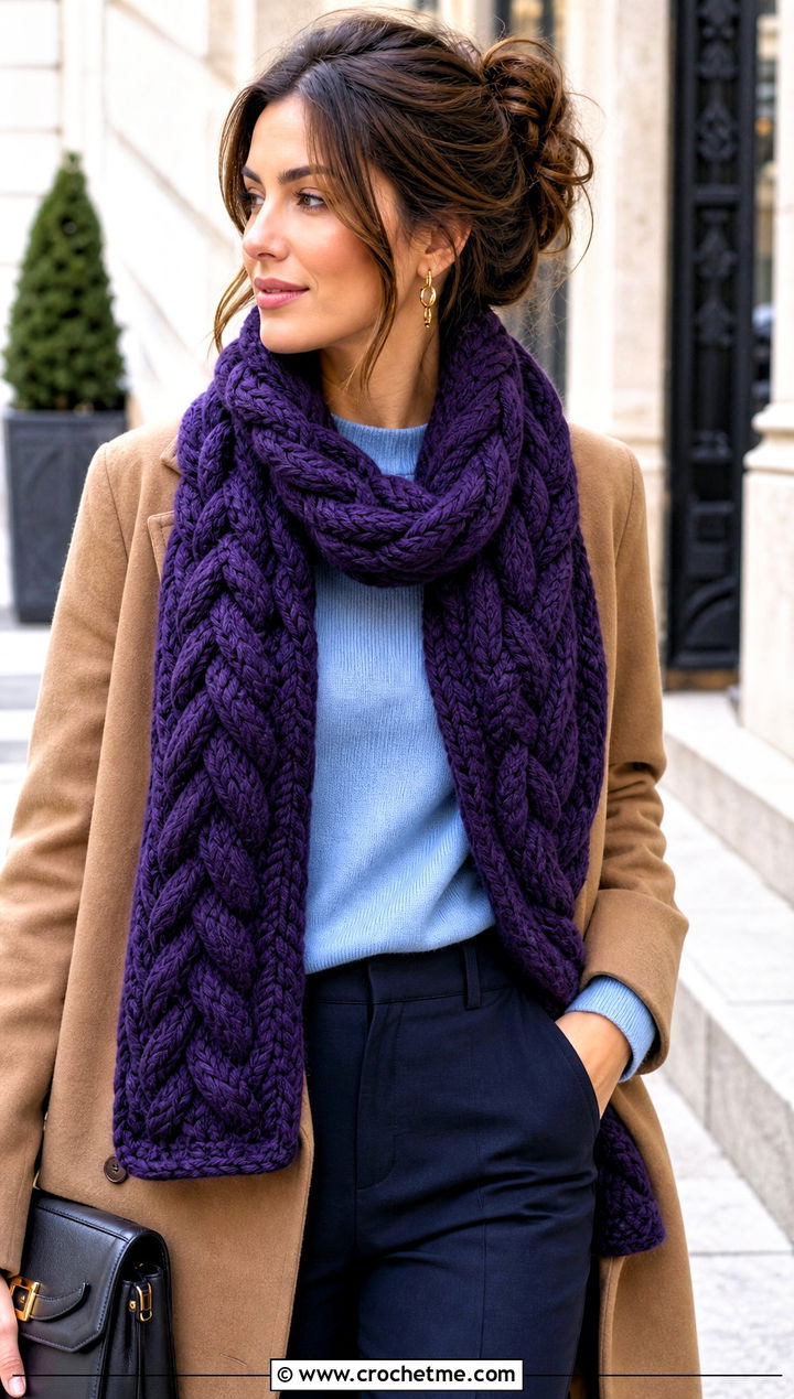 Bulky Braided Crochet Scarf With Camel Coat - 30 bulky yarn crochet scarf outfit ideas