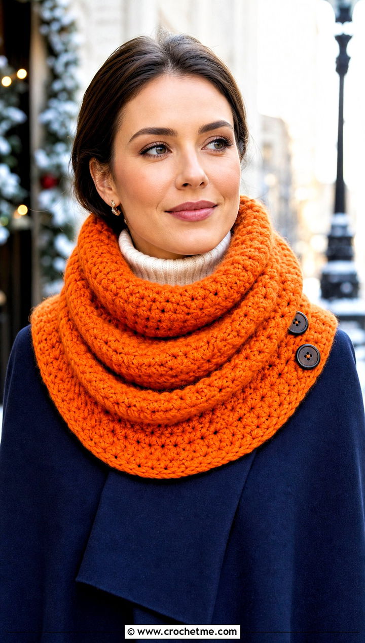 Bulky Button Cowl Crochet Scarf With Cape Coat - 30 bulky yarn crochet scarf outfit ideas
