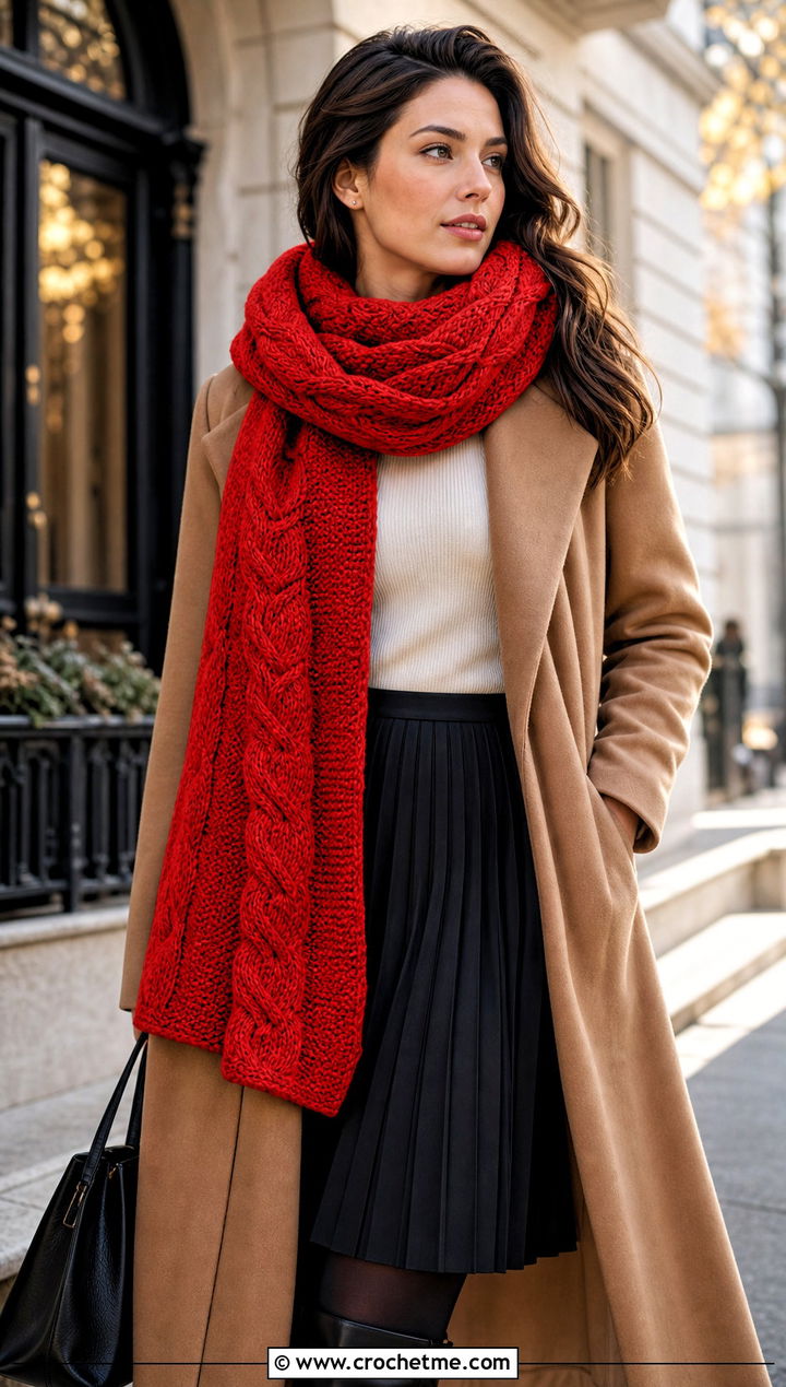 Bulky Cable Crochet Scarf With Wool Coat And Midi Skirt - 15 Thick Crochet Scarf outfit ideas