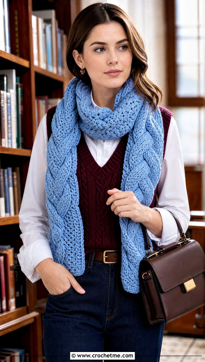 Bulky Cable Look Crochet Scarf With Sweater Vest - 30 bulky yarn crochet scarf outfit ideas