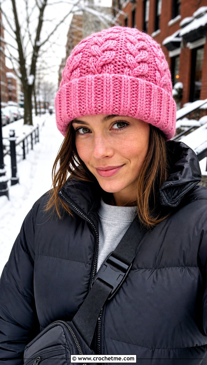 Bulky Celtic Fold Over Beanie With Puffer And Leggings - 15 celtic crochet hat outfit ideas